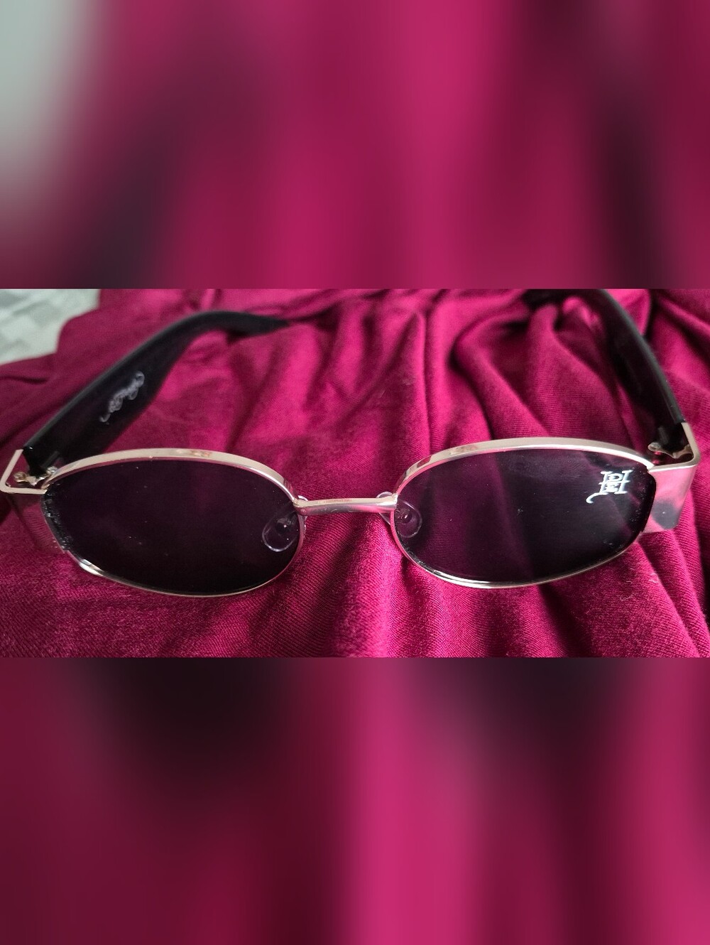 Ed Hardy Y2K Oval Metal Frame Sunglasses Gold, Black And Red NWOT